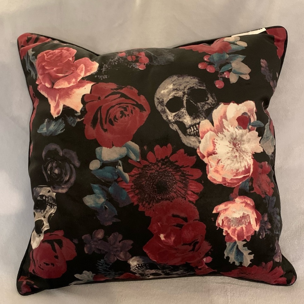 Black velvety Skeleton Floral throw pillow